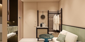 A modern bathroom with a sink, towel rack, and a shower area. - Motto By Hilton Shanghai Wuliqiao (Shanghai)