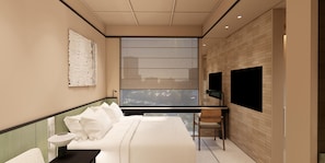 A modern bedroom with a bed, a window, a flat-screen TV, and a small table. - Motto By Hilton Shanghai Wuliqiao (Shanghai)