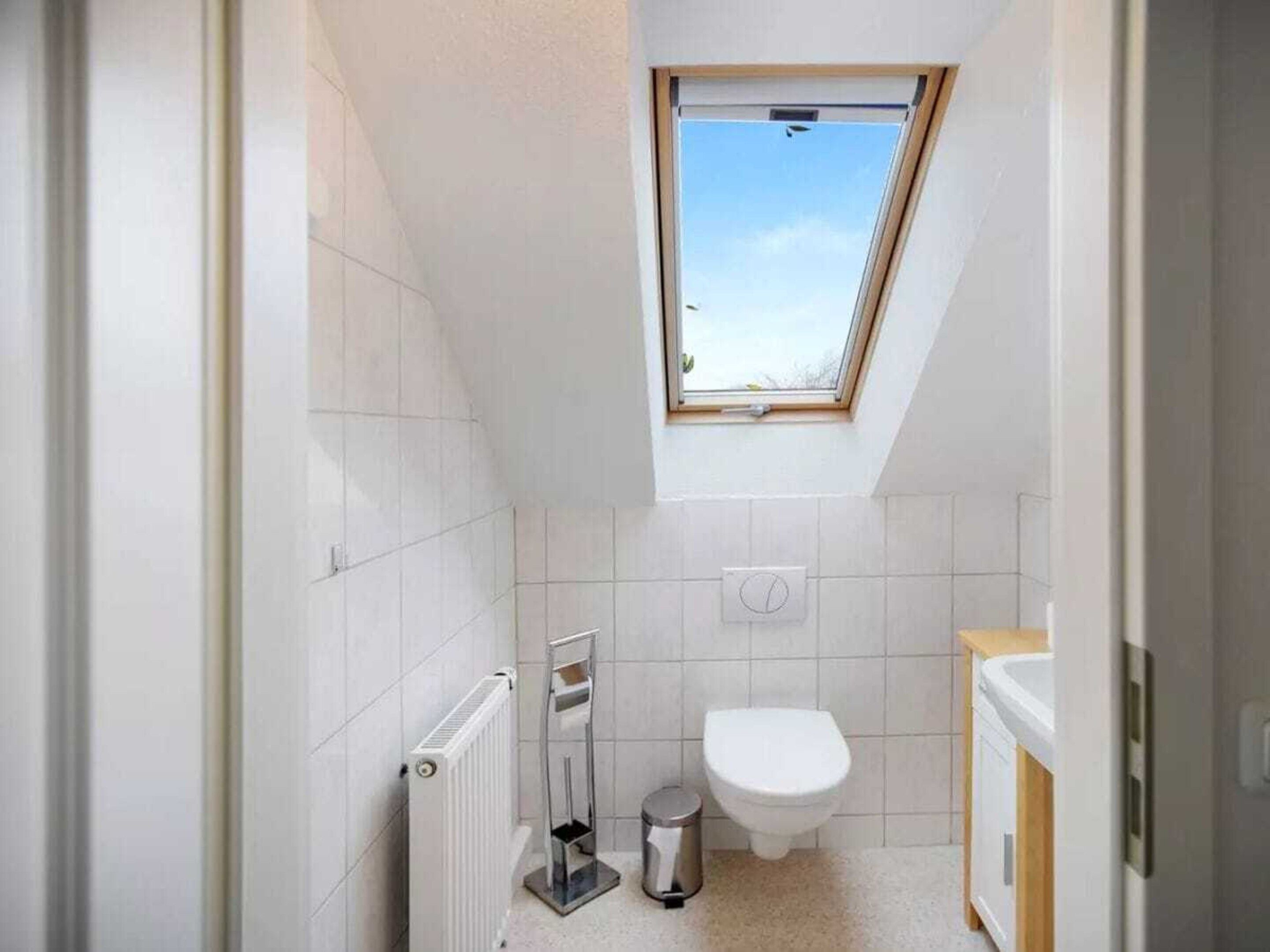 A compact bathroom with a skylight, a radiator, a toilet, and a small trash bin.