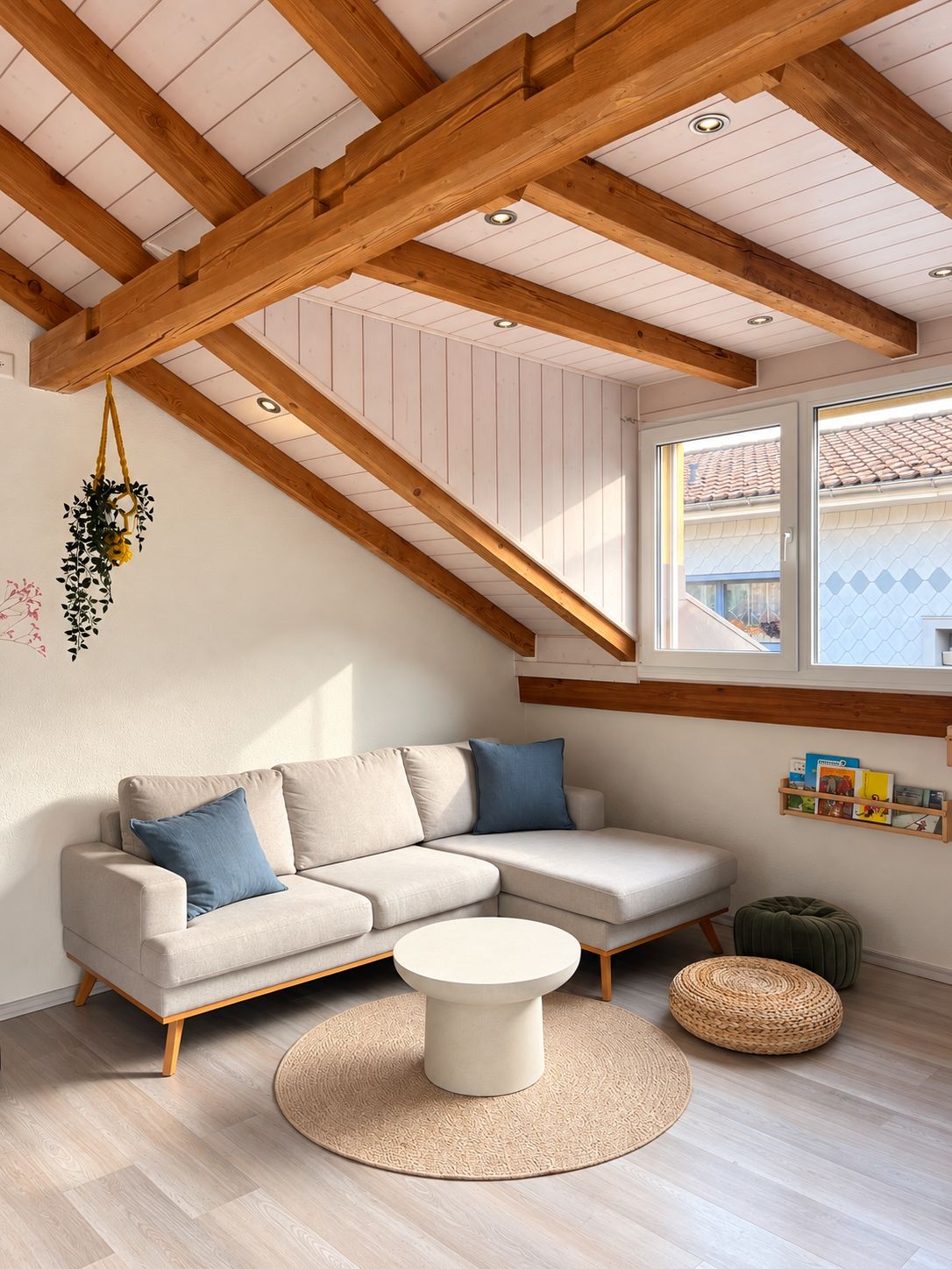A modern living room with a sectional sofa, a round coffee table, and a hanging plant.