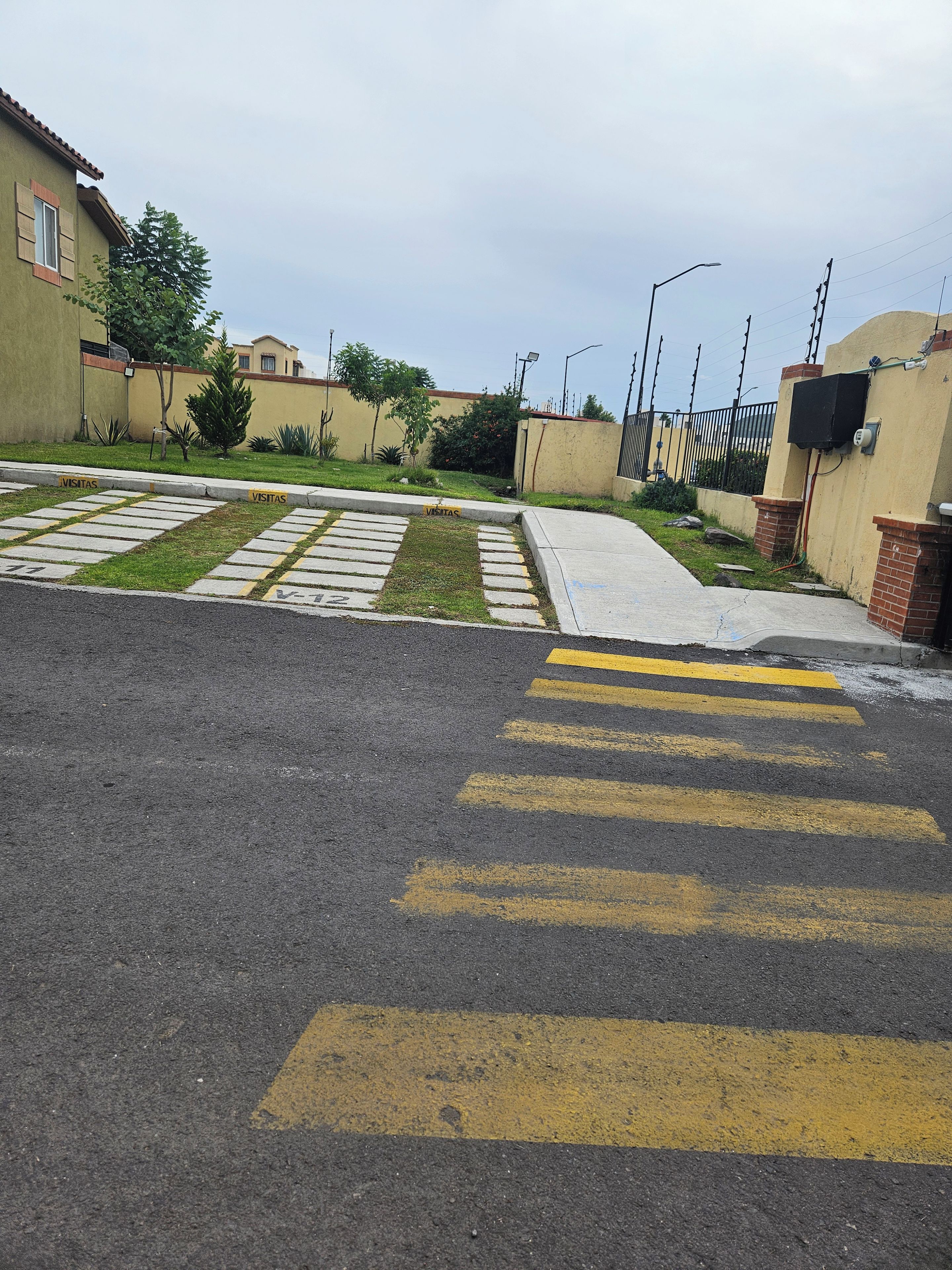Un área de estacionamiento con espacios delimitados y un paso de peatones.