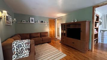 Una sala de estar con un sofá marrón, un mueble de entretenimiento de madera y un tapete a rayas.