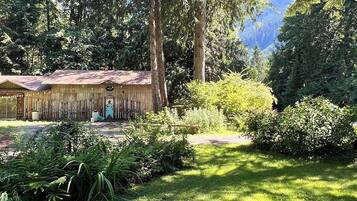 A rustic wooden building with a metal roof, surrounded by lush greenery and tall trees.