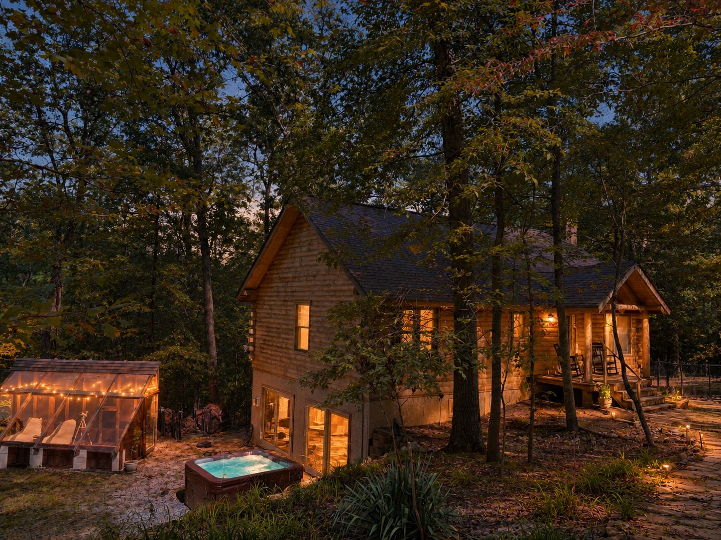 A wooden cabin with a hot tub and a glass greenhouse.