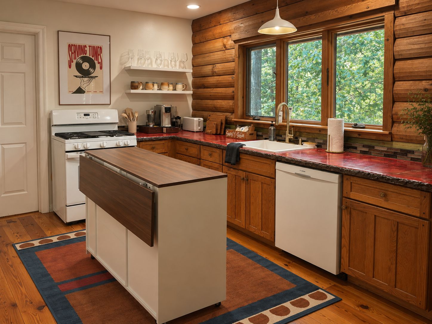 A kitchen with a central island, wooden cabinetry, a built-in oven, and a window with a view of greenery.