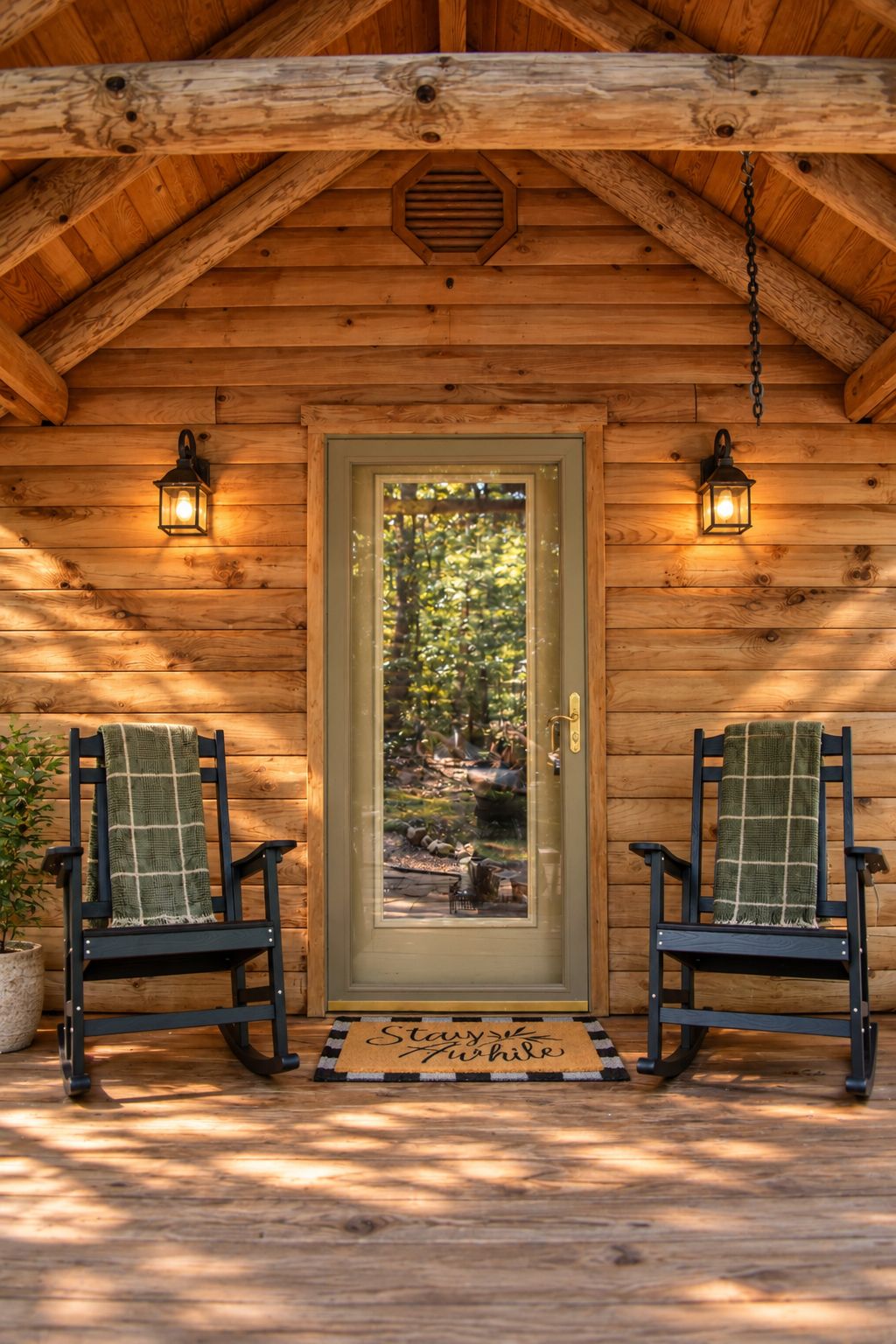 A wooden cabin with a door, two rocking chairs, and two wall-mounted lanterns.