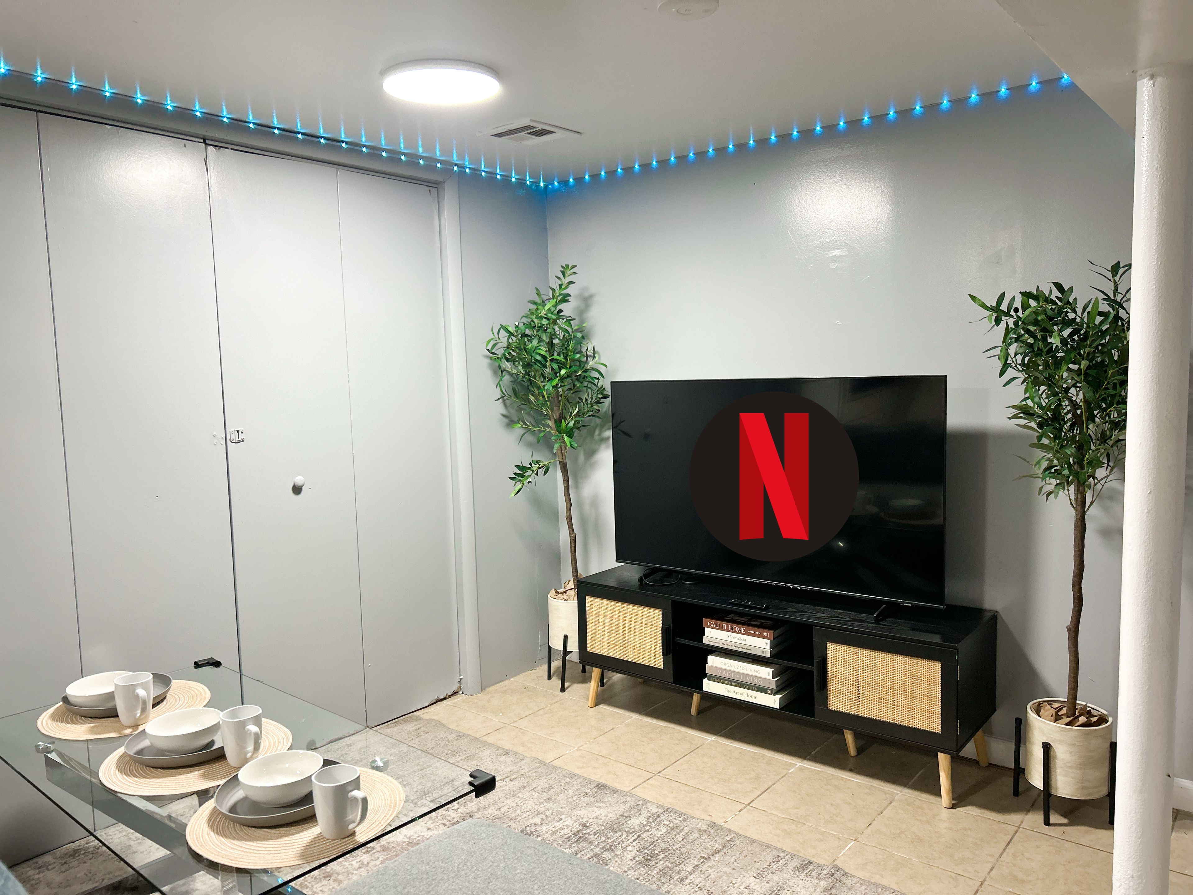 Een kamer met een televisie waarop het Netflix-logo wordt weergegeven, een eettafel met borden en bekers, en twee potplanten.