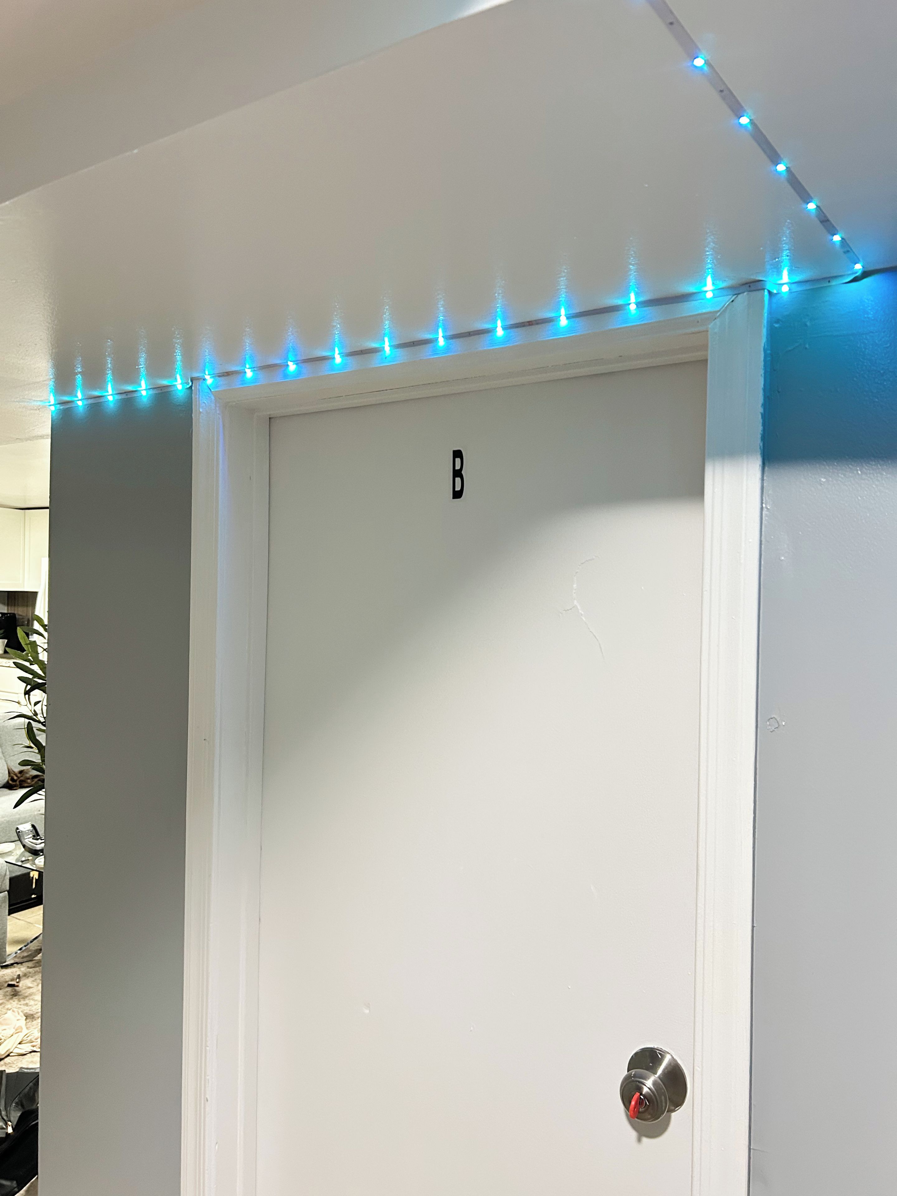 Een witte deur met een 'B'-aanduiding, een metalen deurklink en een rij blauwe lichtjes erboven.