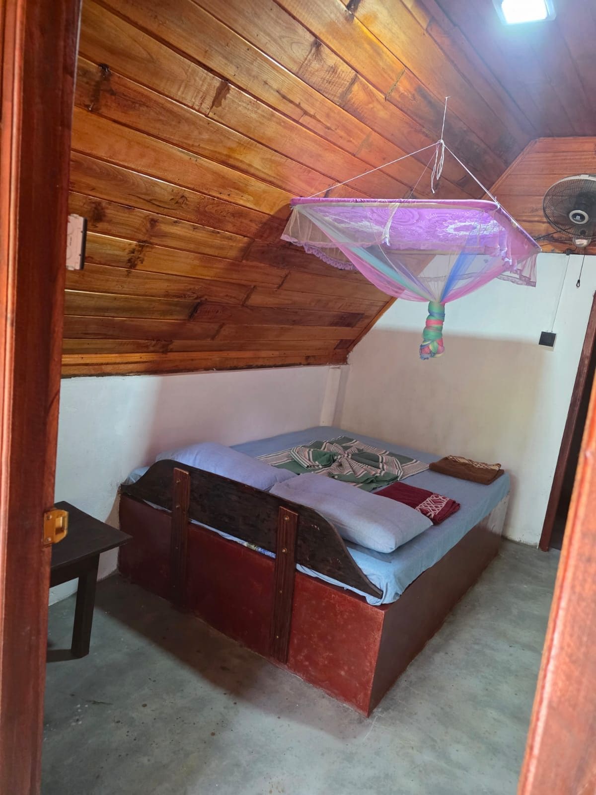 A small, compact room with a wooden ceiling and a single bed with a mosquito net.