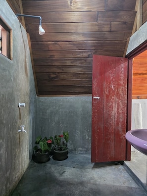 A small, enclosed bathroom with a wooden ceiling, a red door, a white sink, and two potted plants. - relax nature villa  (Sigiriya)