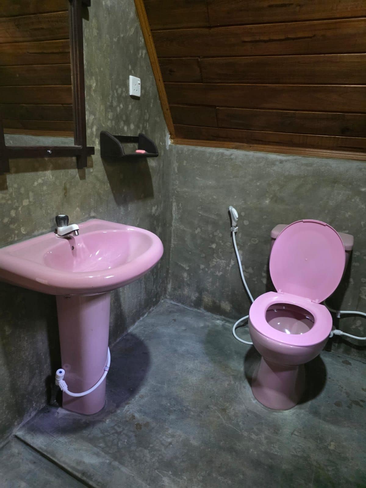 Un baño con lavamanos y retrete de color rosa, techo de madera y suelo de hormigón.
