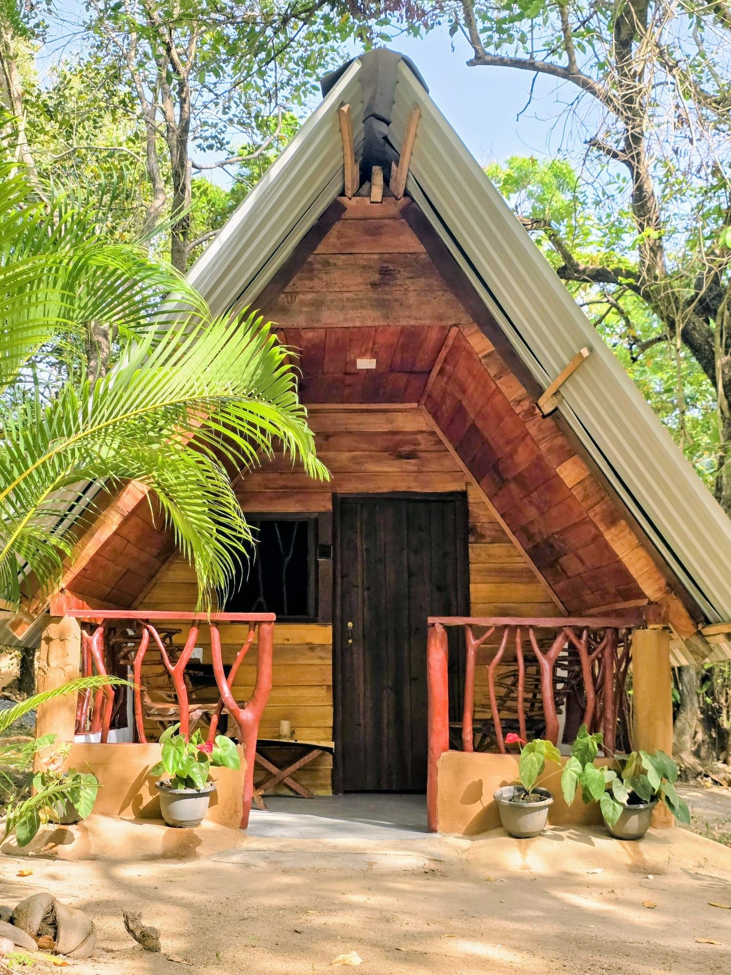 A wooden cabin with a pitched roof, a dark door, and a porch with potted plants.