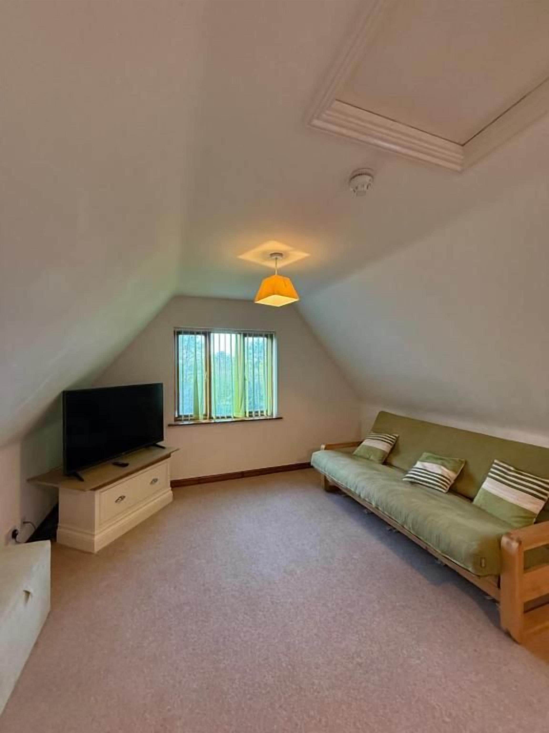 A small, single-room apartment with a sloped ceiling, a television on a dresser, a sofa with cushions, and a window with blinds.