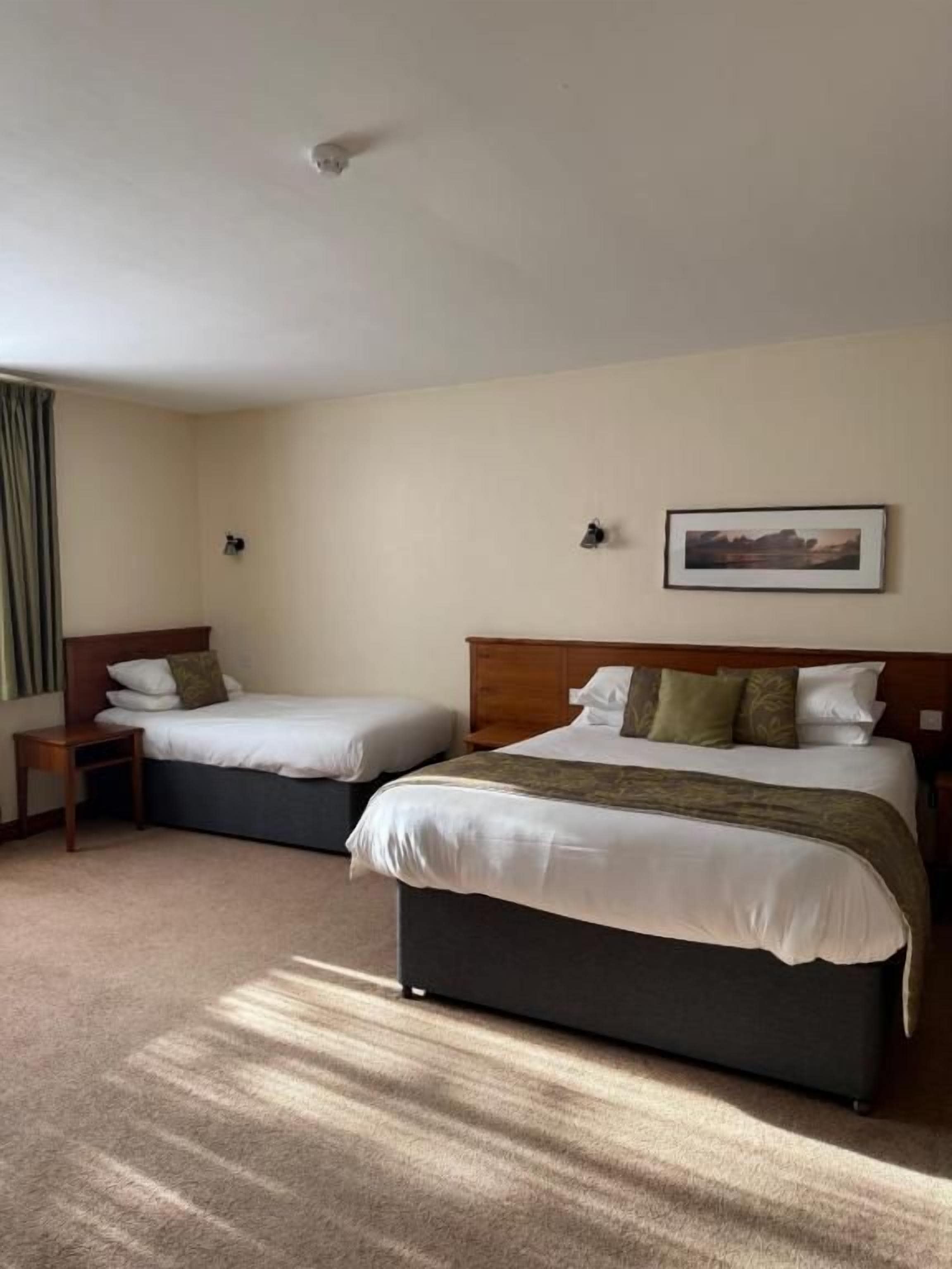 A hotel room with two beds, a nightstand, a framed picture on the wall, and a carpeted floor.