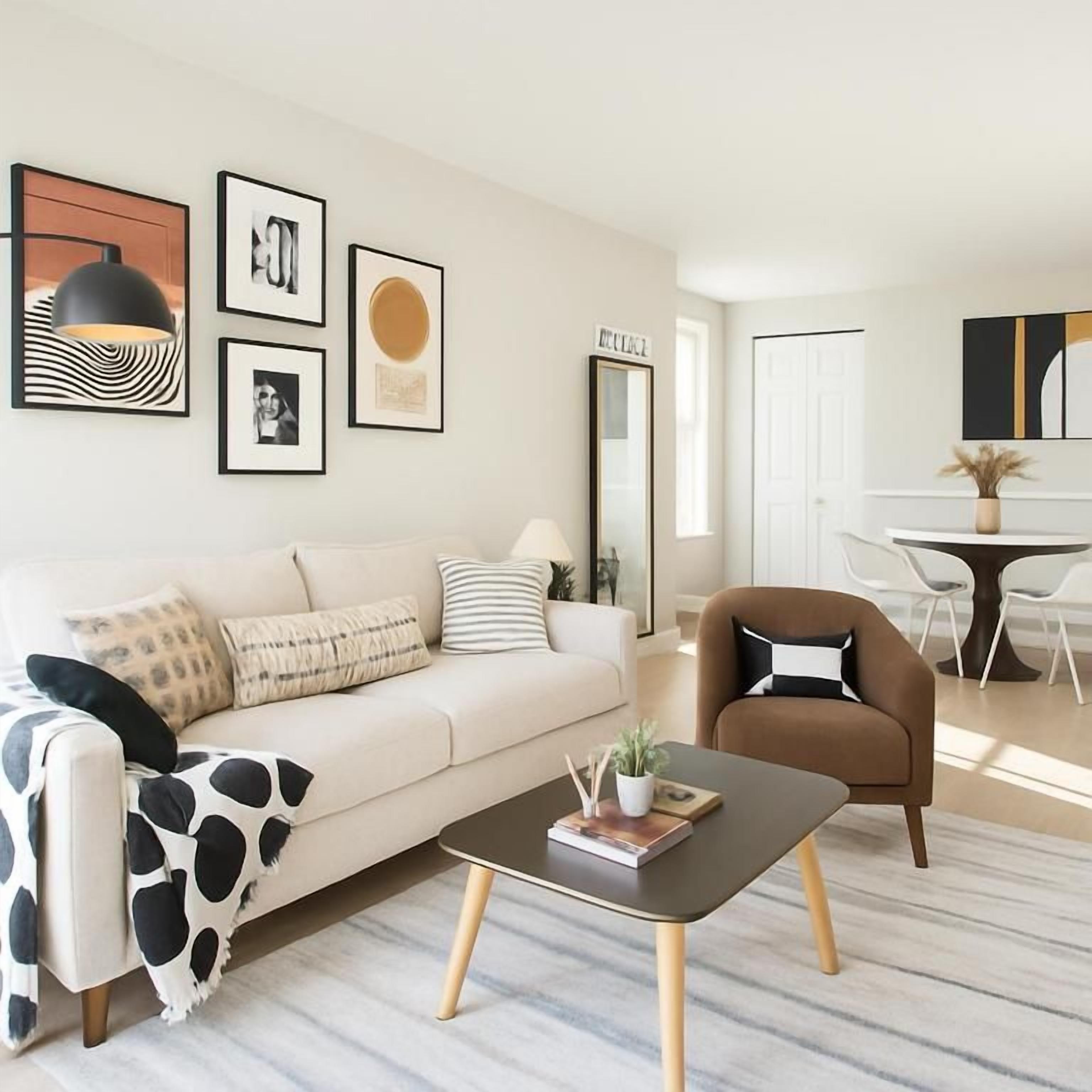 A living room with a sofa, coffee table, and armchair. There are framed pictures on the wall and a mirror.