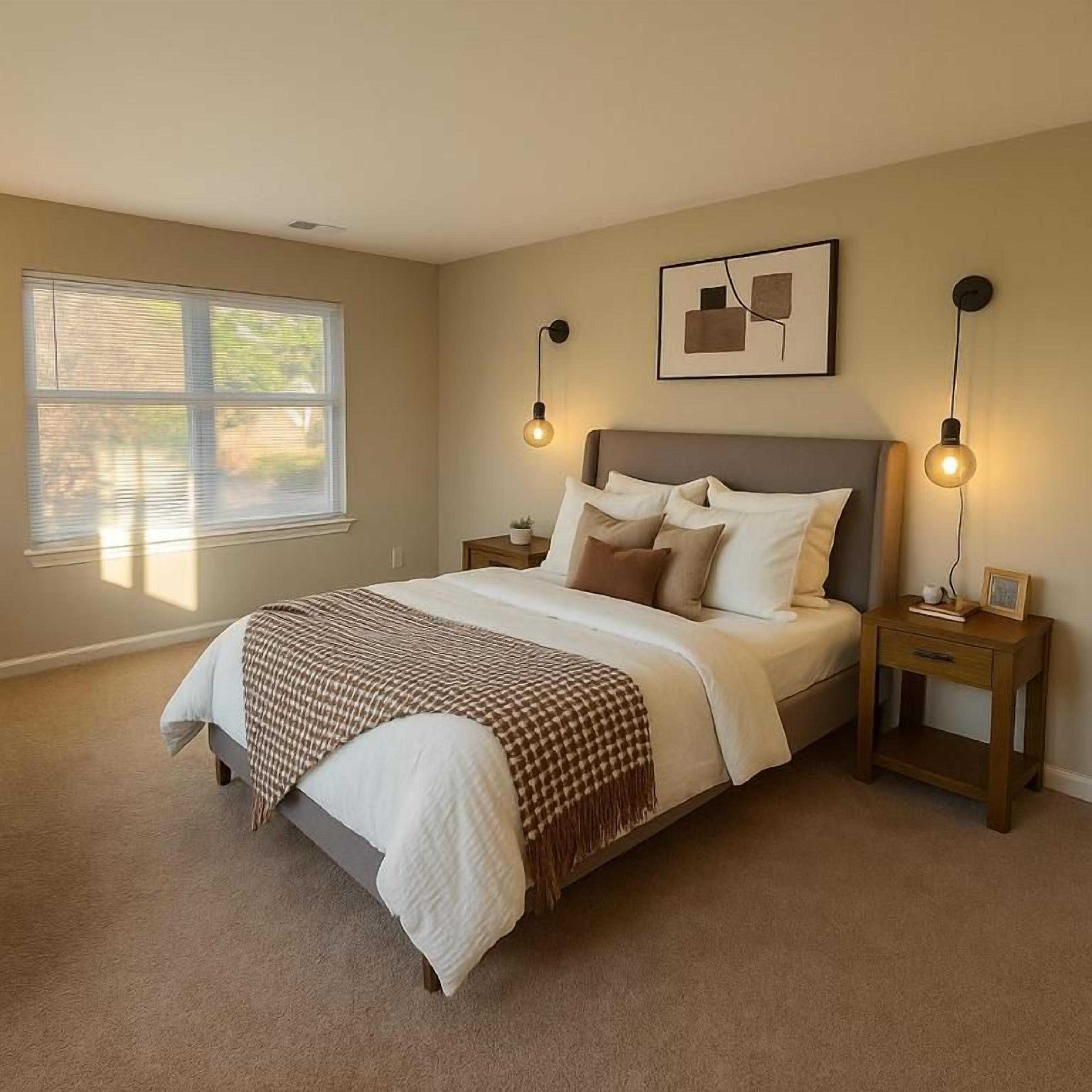 Un dormitorio con cama, mesitas de noche, decoración en la pared y una ventana.