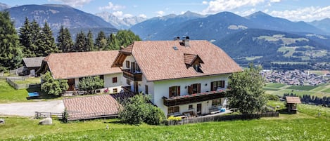 A traditional chalet with a sloped roof, surrounded by lush greenery and mountains in the background.