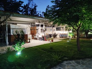 Un espace extérieur abrité, doté d’une table et de chaises, entouré de plantes en pot et bordé d’un chemin en pierre.