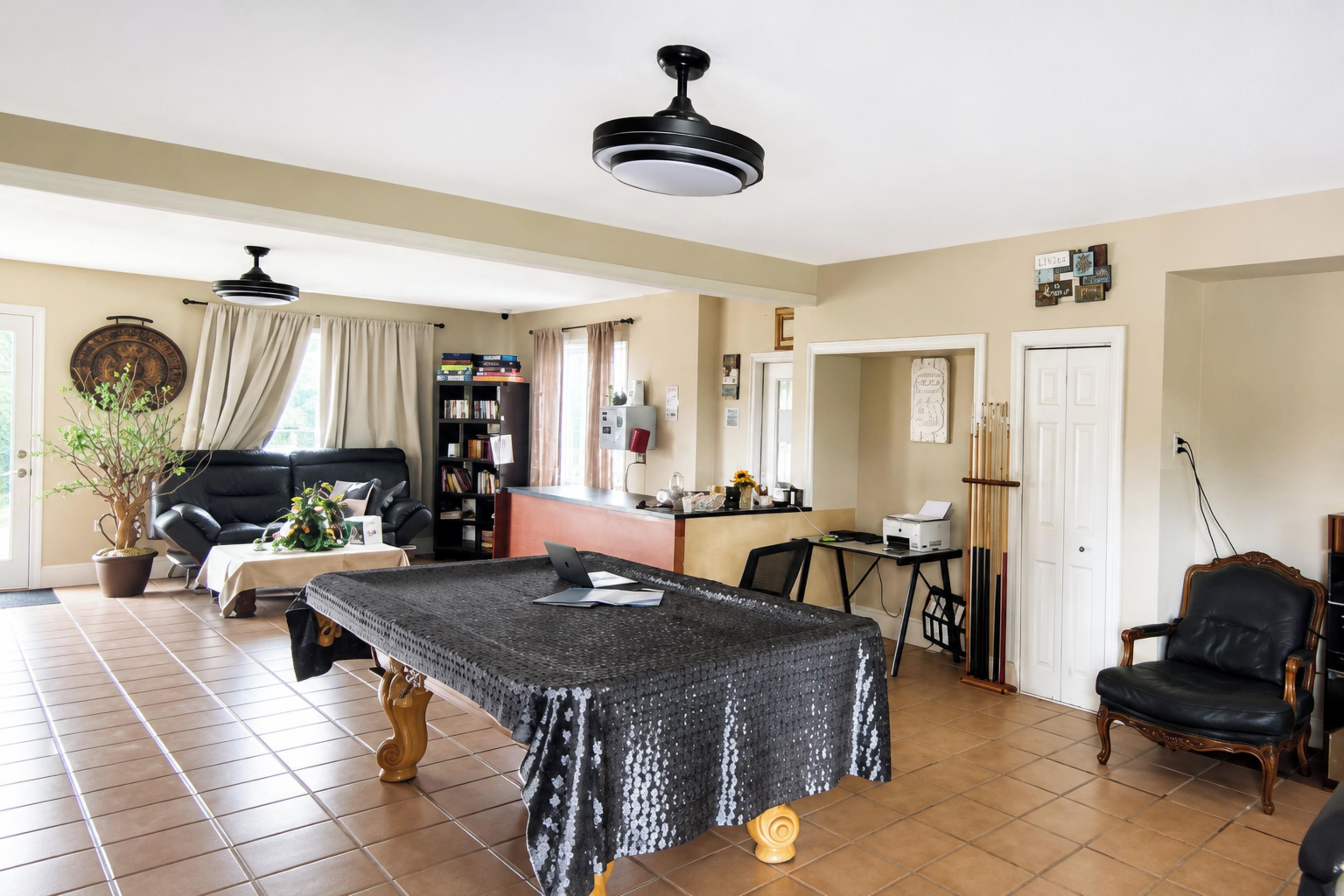 A spacious living room with a large table, a black leather sofa, a bookshelf, and a dining area.