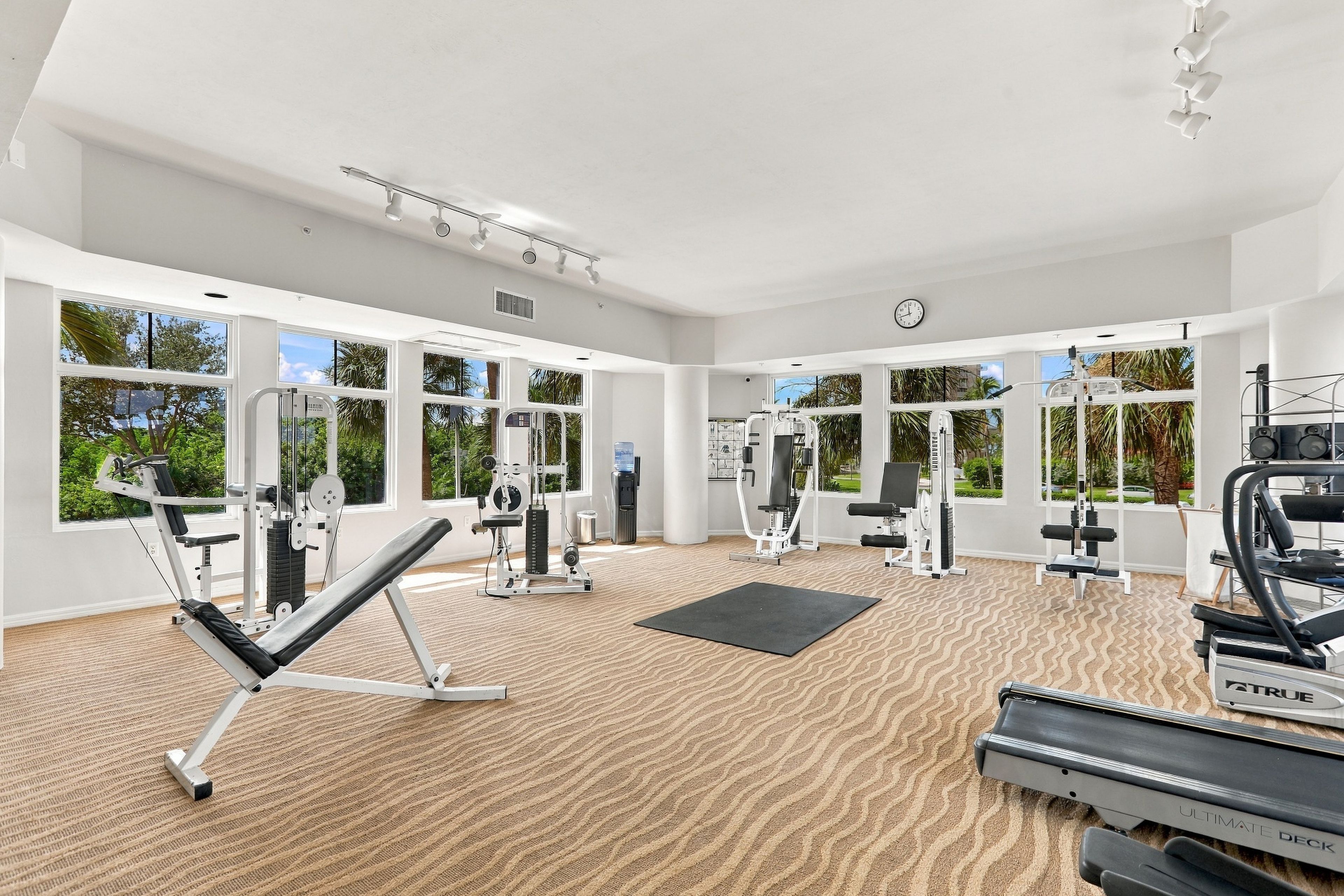A gym with various exercise equipment, large windows, and a patterned carpet.
