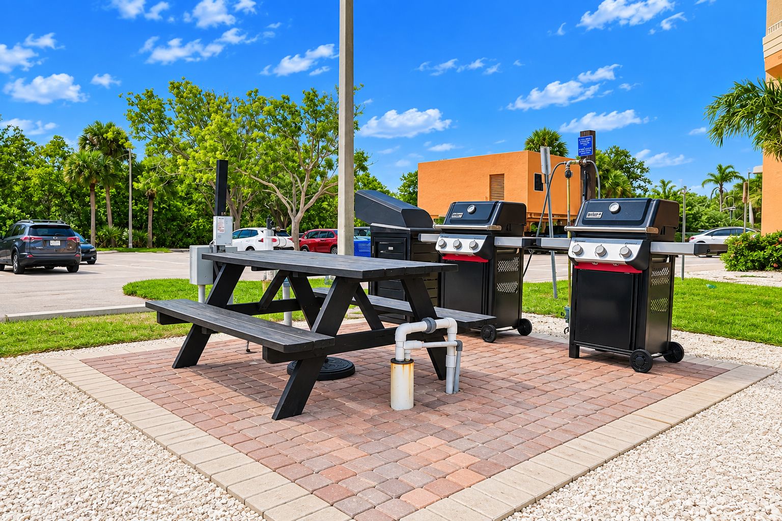 Un espace barbecue extérieur avec une table de pique-nique et deux barbecues.
