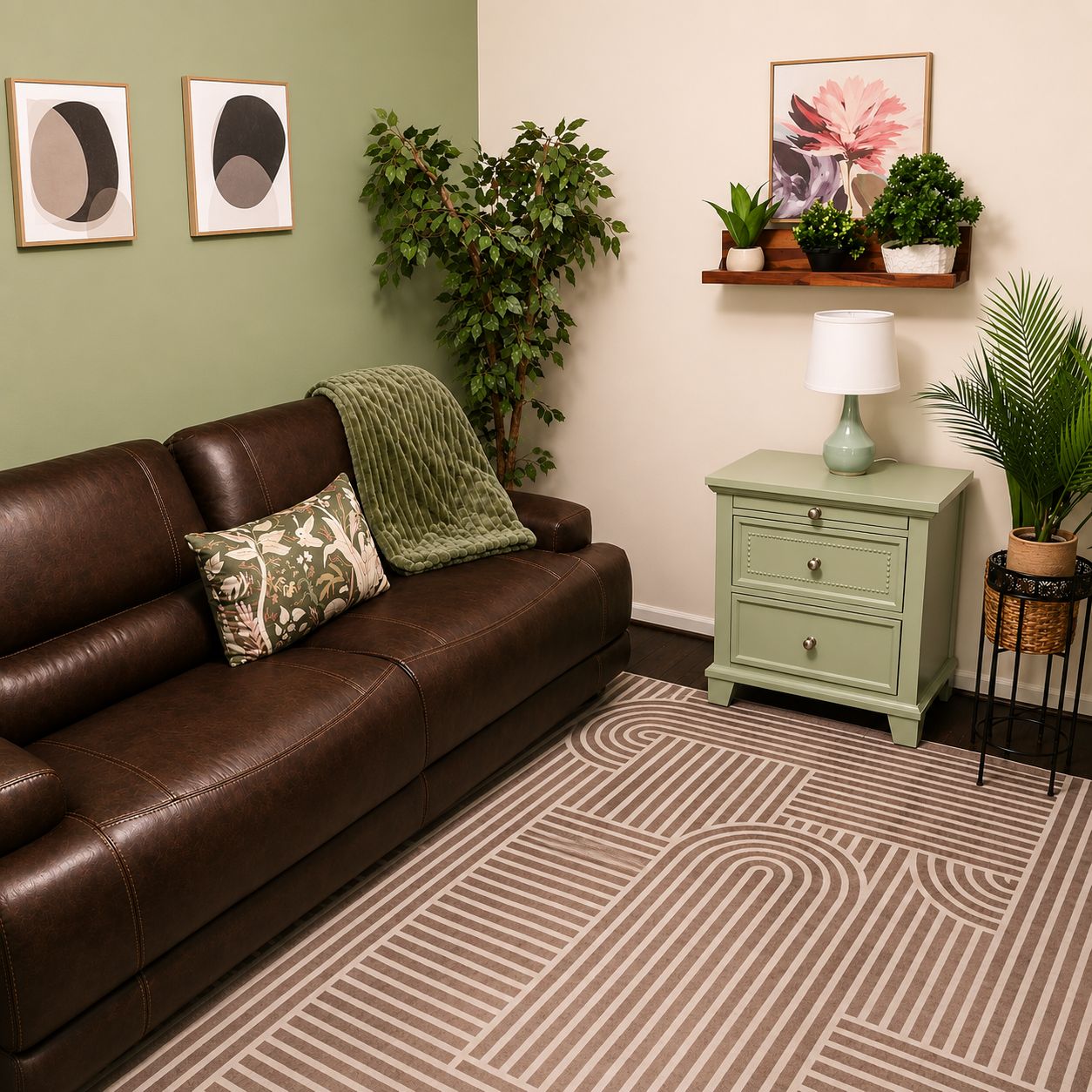 Un canapé en cuir marron agrémenté d’un coussin à motifs, un plaid vert, une table de chevet verte avec des tiroirs, une lampe blanche et un mur orné de tableaux encadrés et d’une plante en pot.