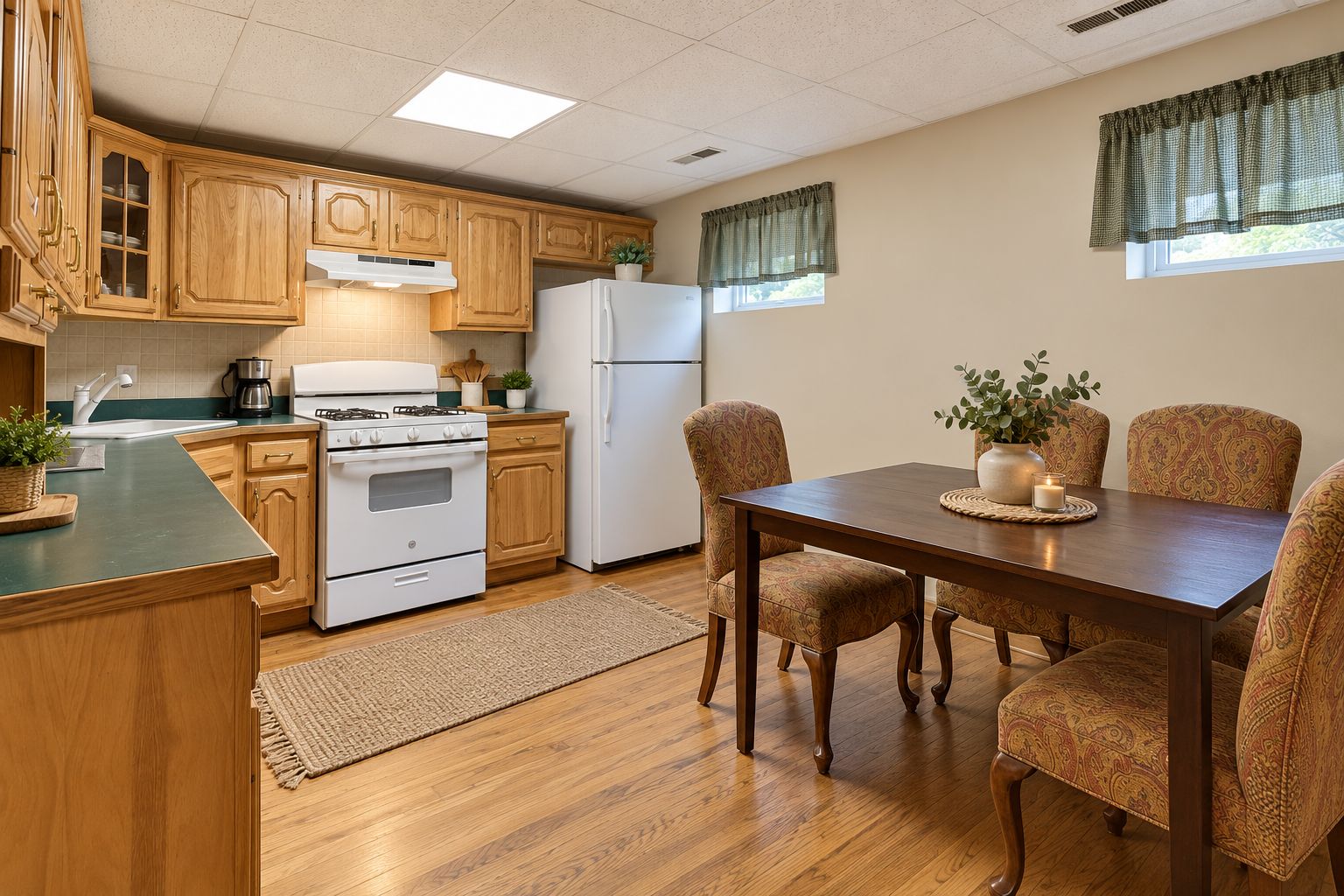 Una cocina con armarios de madera, estufa, refrigerador y mesa de comedor con sillas.