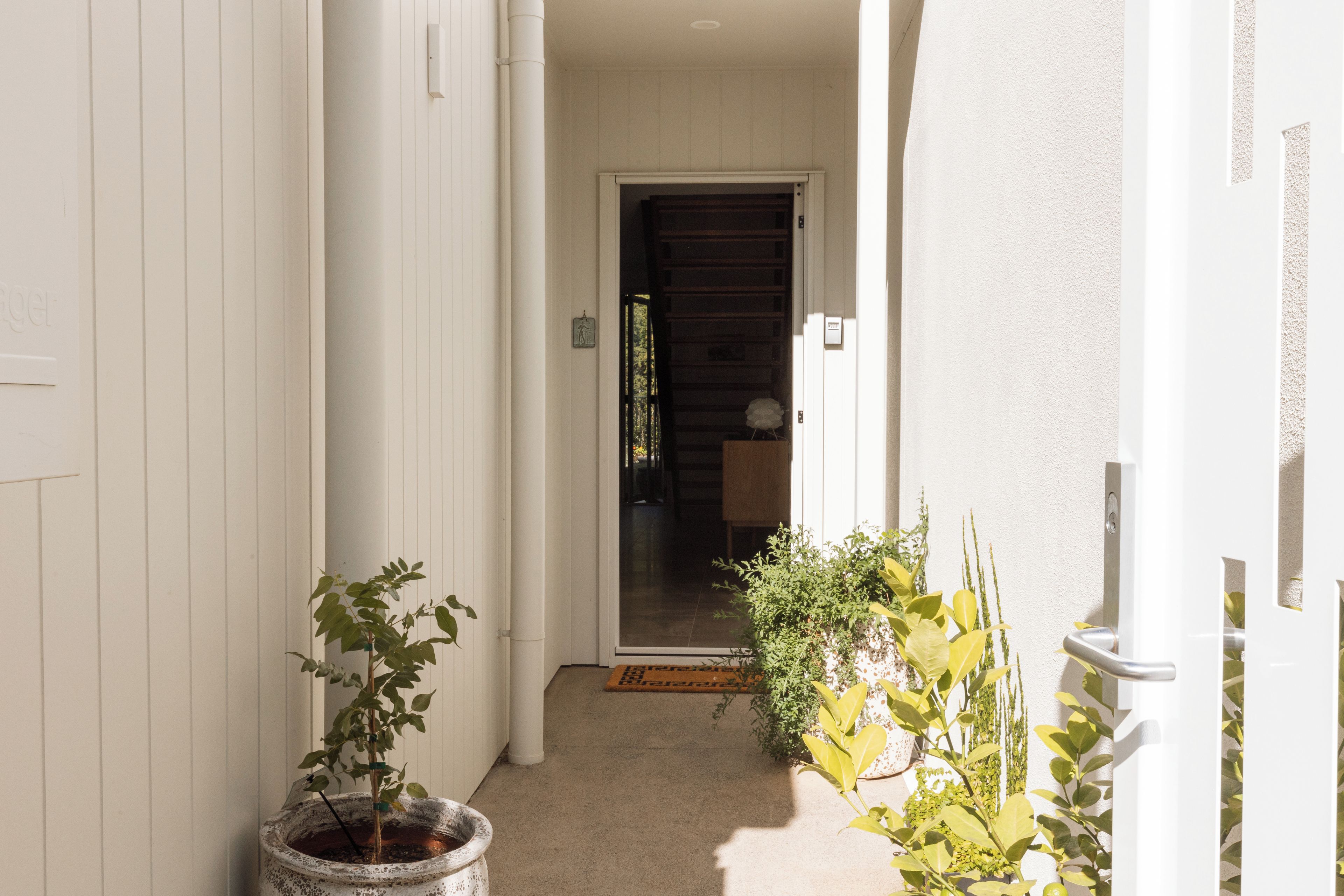 A narrow corridor with white walls, a door at the end, and potted plants on either side.