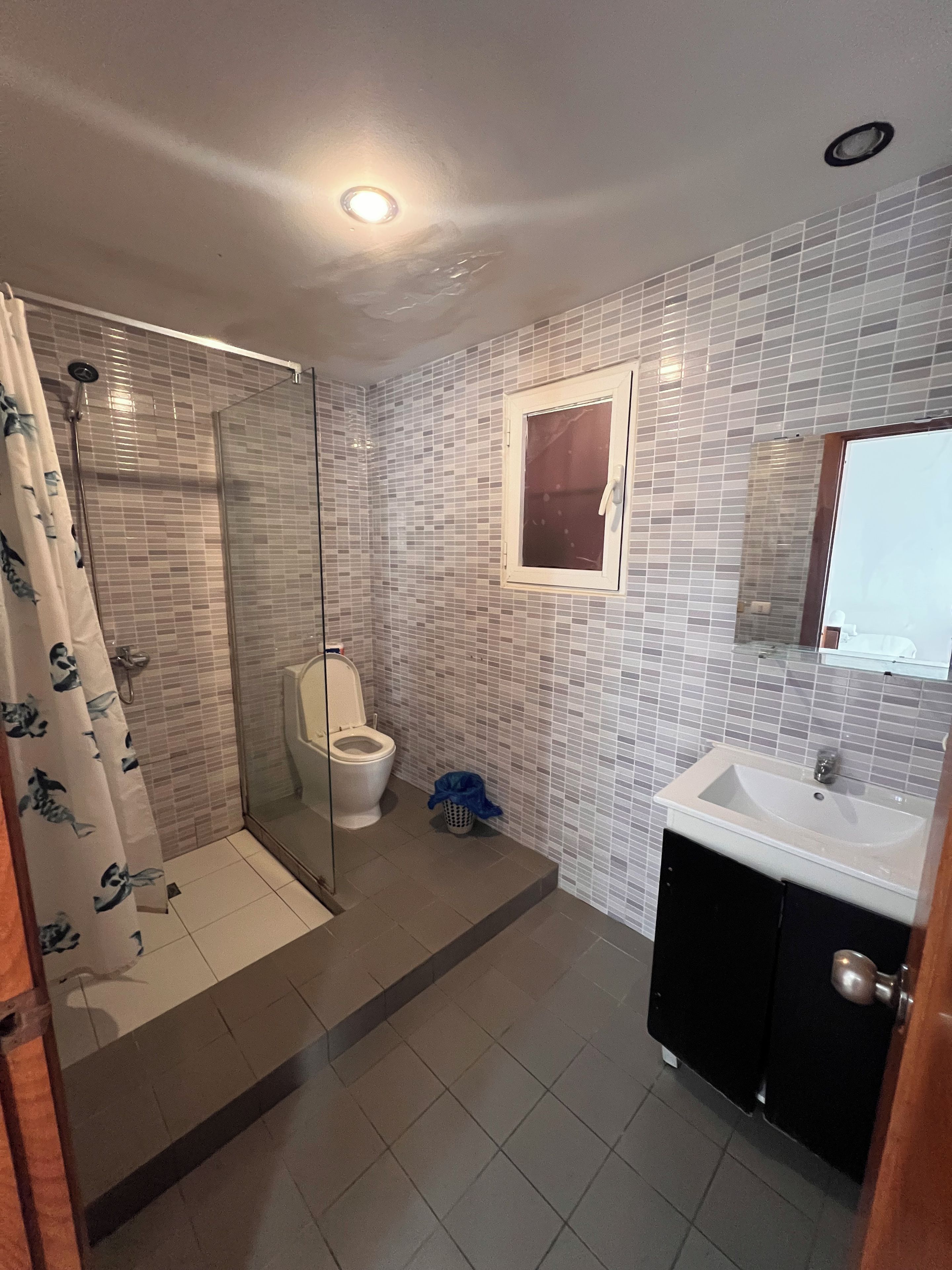 Une salle de bain avec une douche à parois de verre, des toilettes, un lavabo et un miroir.