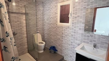 Une salle de bain avec une douche à parois de verre, des toilettes, un lavabo et un miroir.