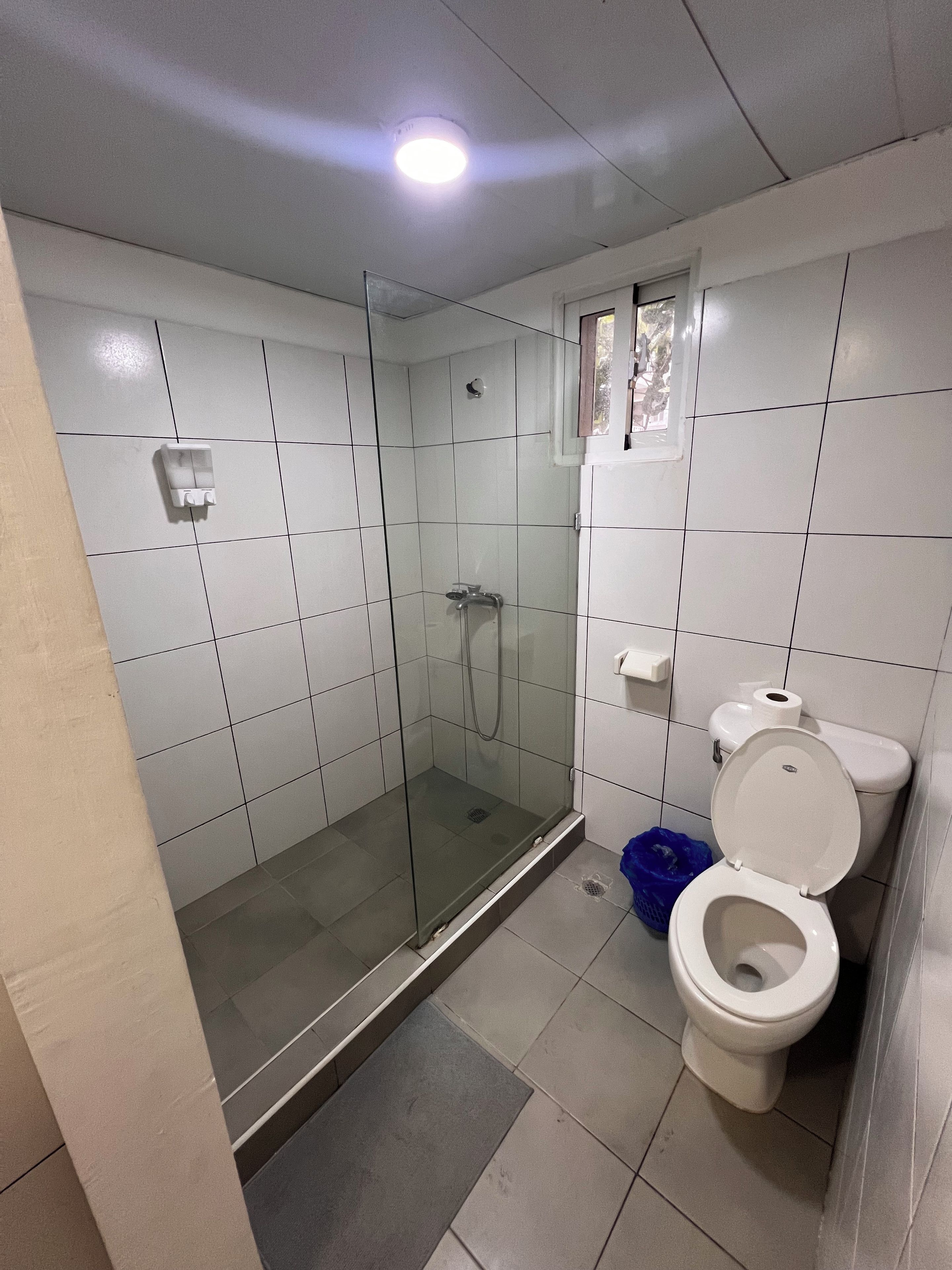 Une salle de bain avec une douche à parois de verre, des toilettes et un lavabo.