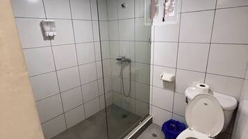 Une salle de bain avec une douche à parois de verre, des toilettes et un lavabo.
