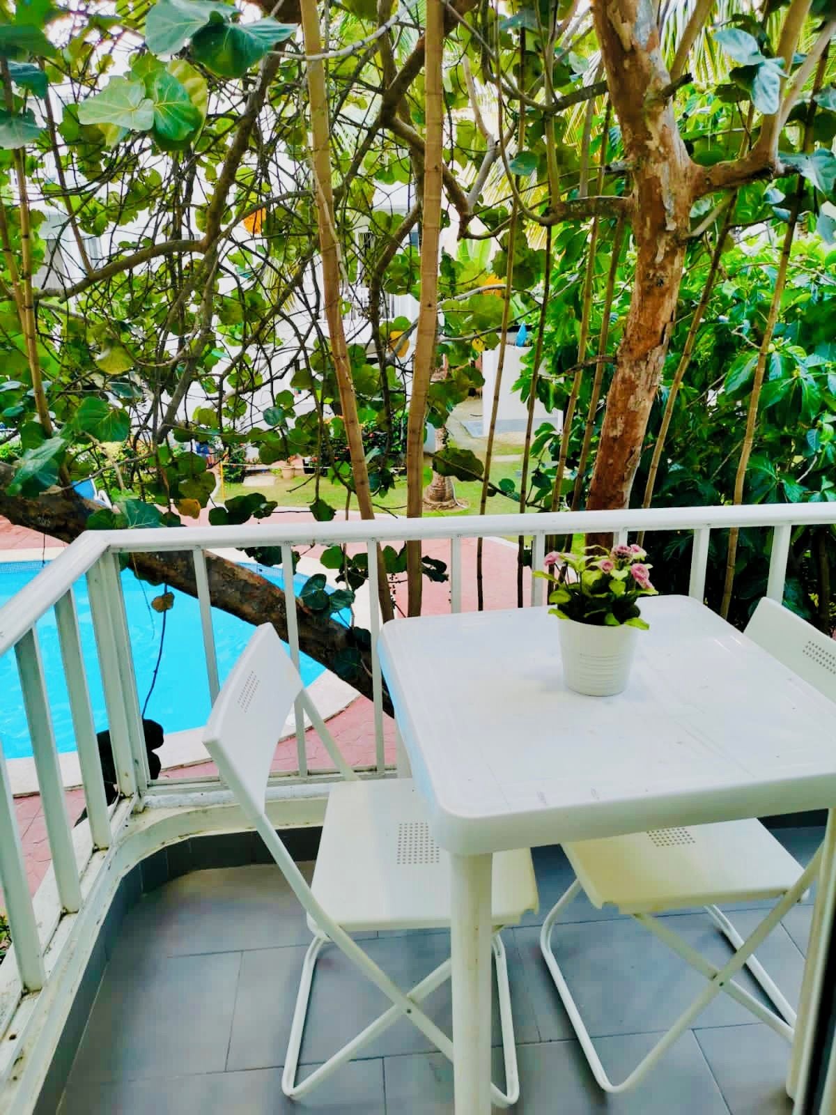 An outdoor seating area with a table and chairs, a potted plant, and a view of a pool.
