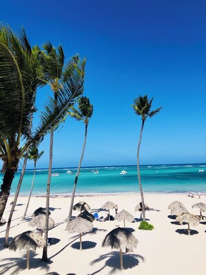 A beach with palm trees, thatched umbrellas, and a clear blue sky. - Sol Caribe Tropical Beach Suites (Punta Cana)