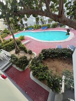 A swimming pool surrounded by lounge chairs and greenery, with a building in the background.