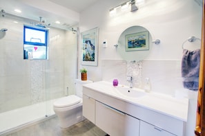 Un baño moderno con cabina de ducha de vidrio, inodoro, tocador con lavabo y espejo.