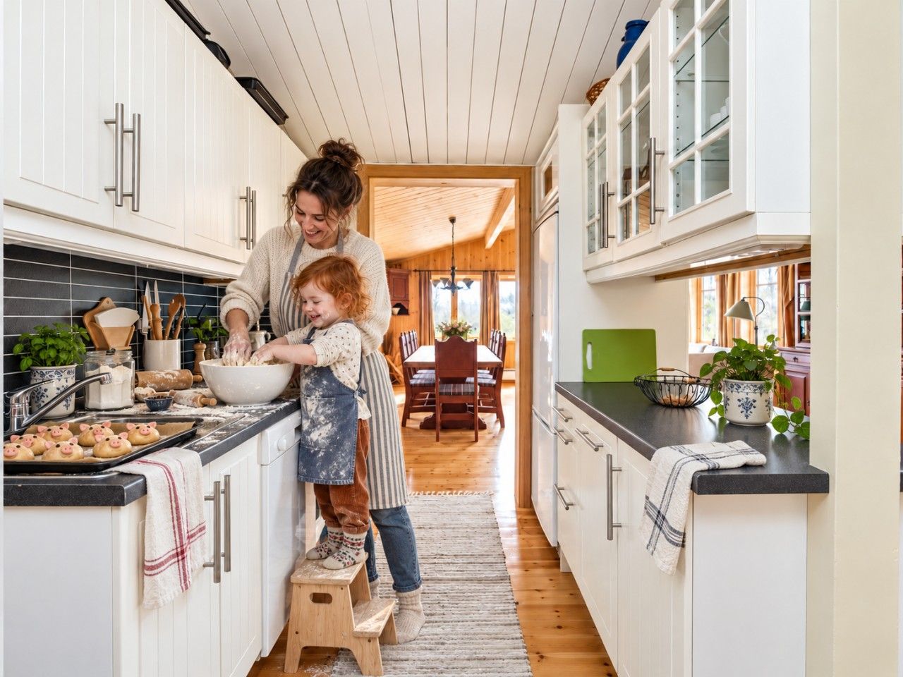A kitchen with white cabinets, a wooden stool, and a child baking cookies.