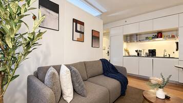 A modern living room with a grey sofa, a coffee table, and a large plant.
