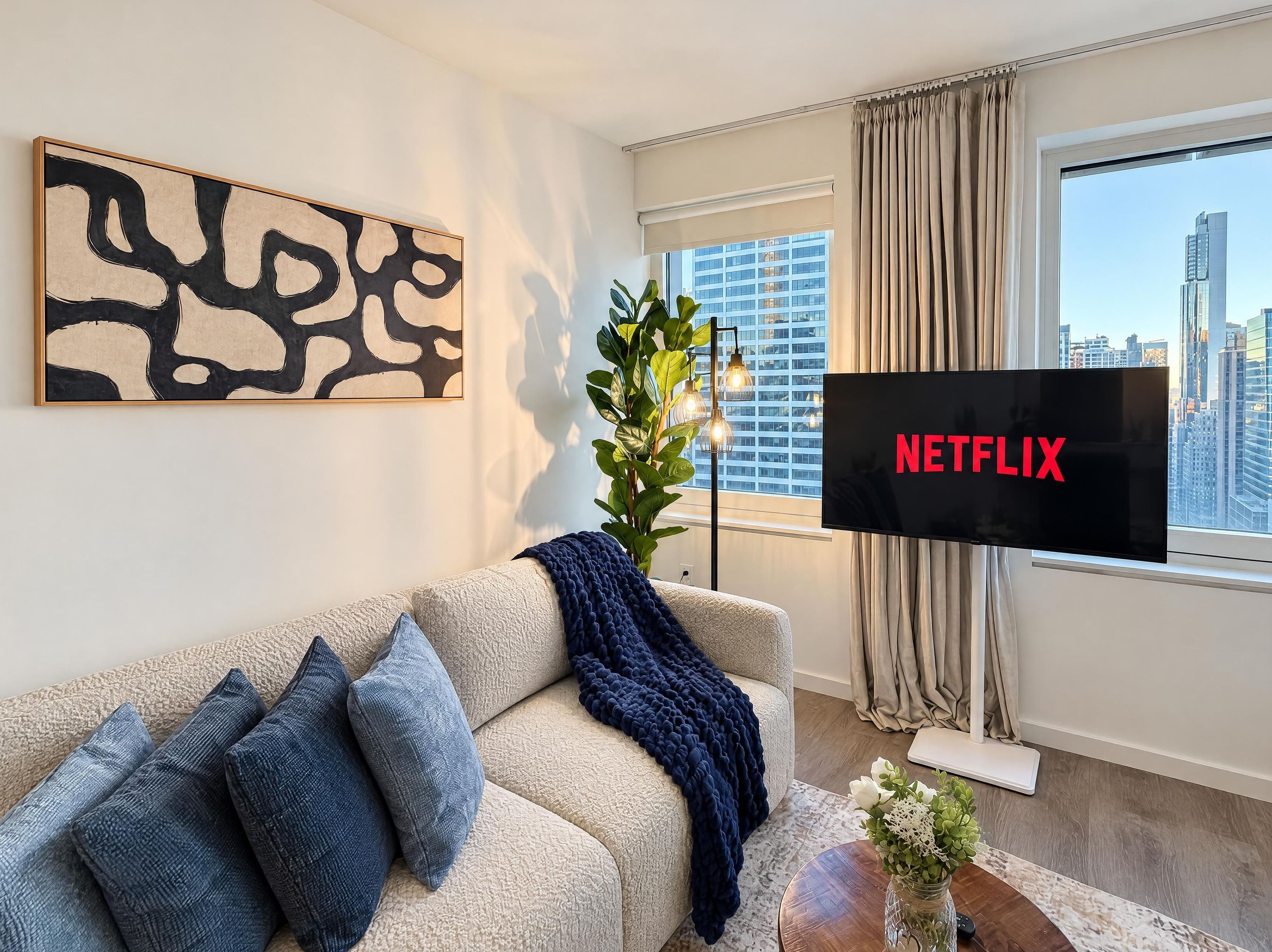 Un salon moderne avec un canapé beige, un grand écran de télévision affichant le logo « NETFLIX », une vue sur la ville et une plante décorative.