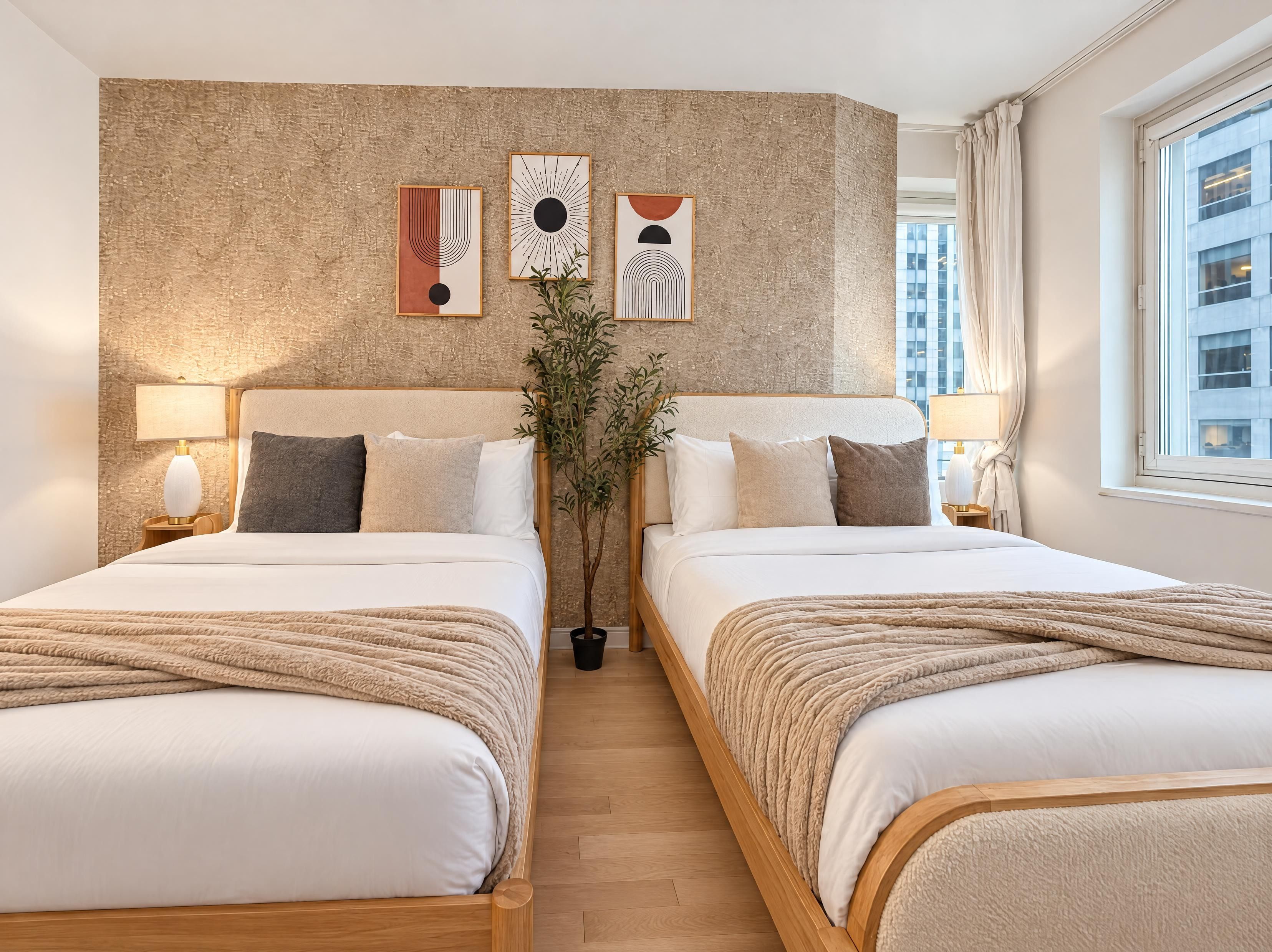 A hotel room with two beds, a textured wall, and artwork.