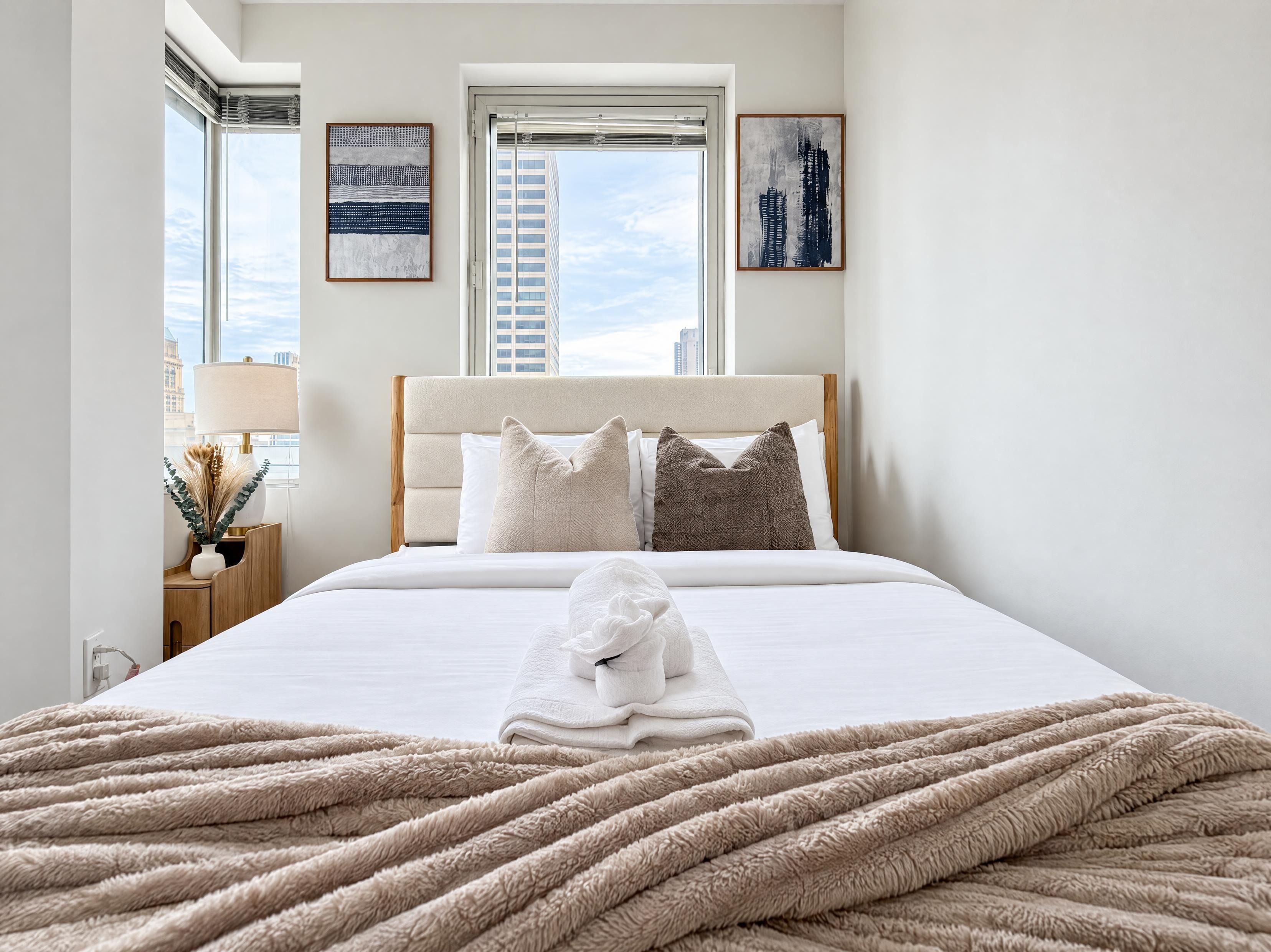 Una camera d'albergo con un letto, una finestra e opere d'arte alle pareti.