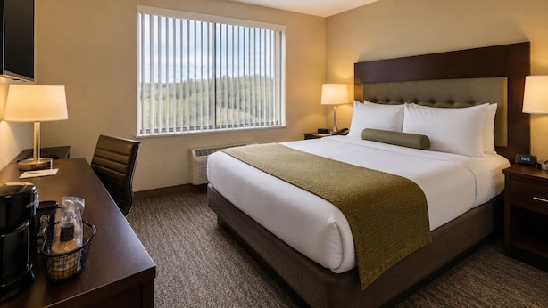 A hotel room with a bed, a desk, a chair, a TV, and a window with blinds. - Midtown Highrise Condo Near Times Square (New York)