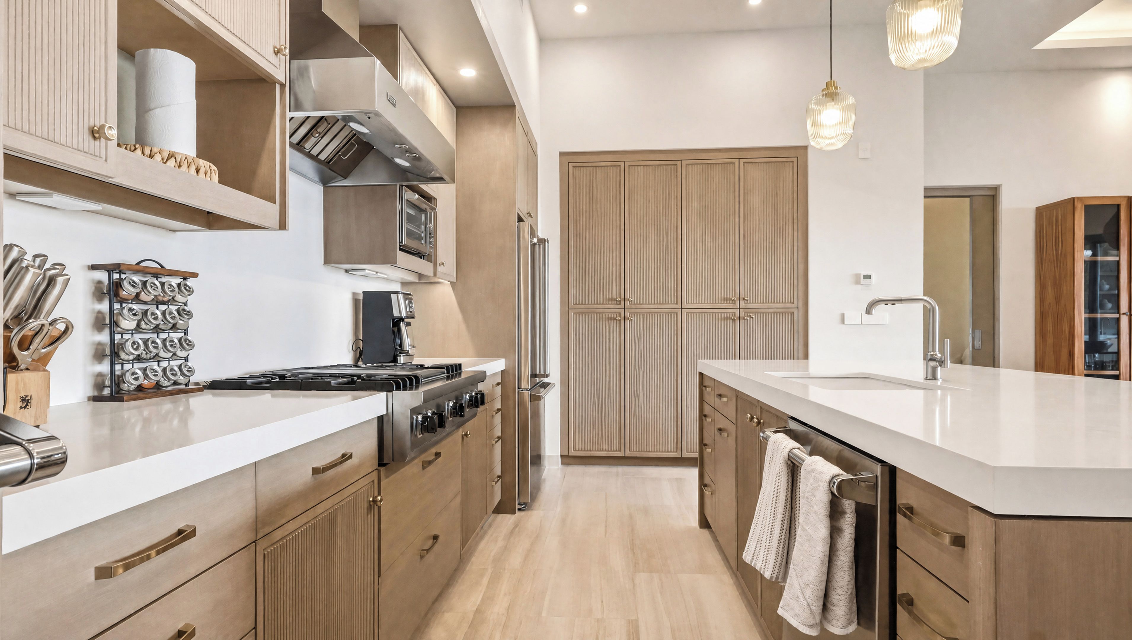 A modern kitchen with stainless steel appliances, wooden cabinets, and a built-in oven.