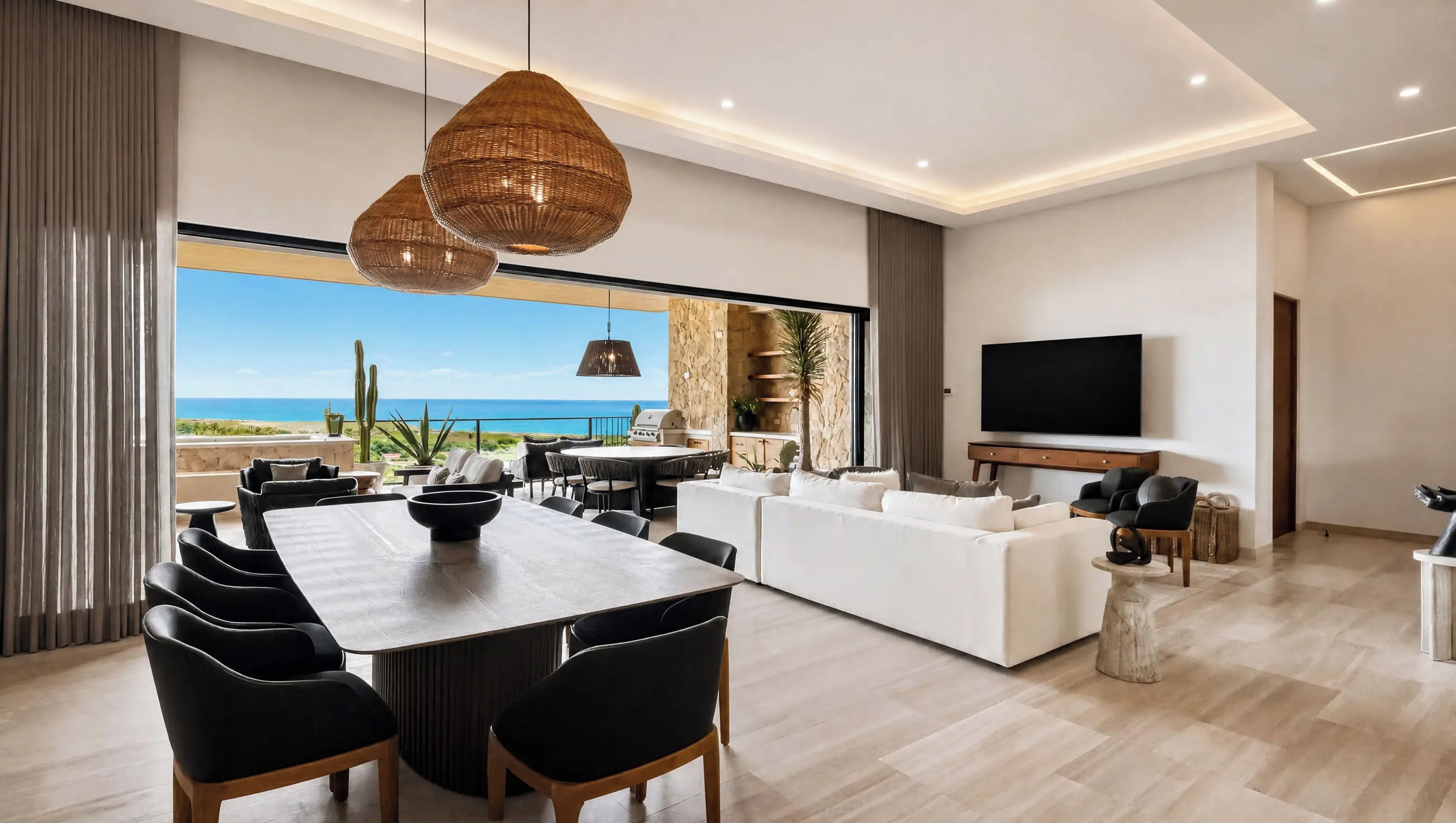 A modern living room with a large dining table, seating, a TV, and a view of the ocean.