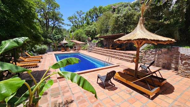 A pool area with a clear blue pool, wooden lounge chairs, and a thatched umbrella.