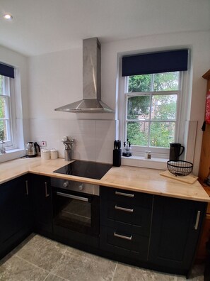 A modern kitchen with a black countertop, stainless steel appliances, and a window with a view of greenery. - Cottage Two (Dover)