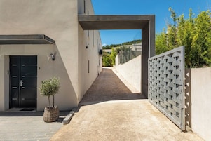 Une ruelle étroite menant à l’entrée d’un immeuble, une petite plante en pot et un portail en métal.