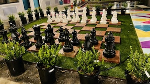 Um tabuleiro de xadrez montado ao ar livre, com vasos de plantas ao redor.