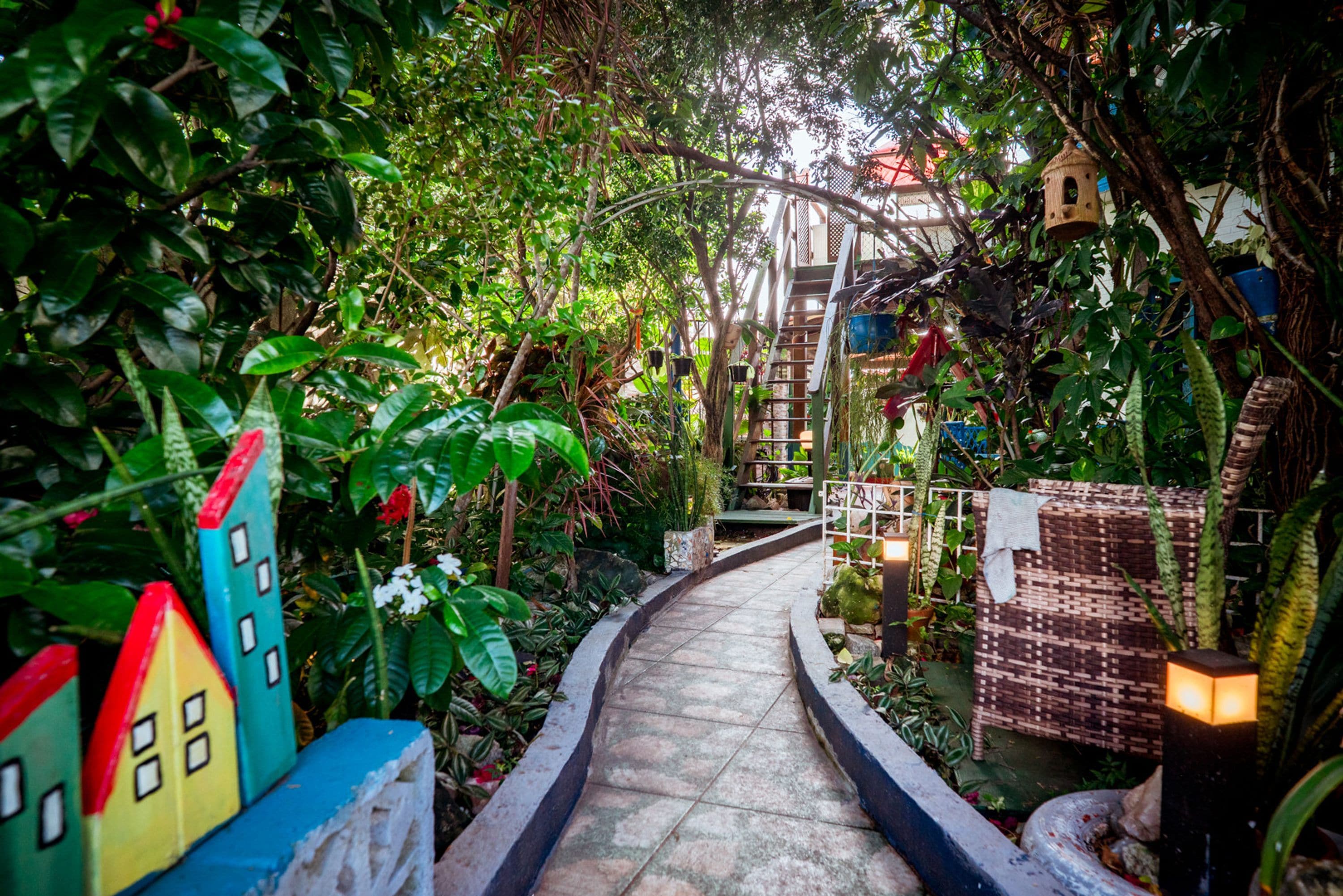 Un sentier qui traverse un jardin luxuriant, où l’on trouve une grande variété de plantes et d’arbres, un petit pont et un escalier.