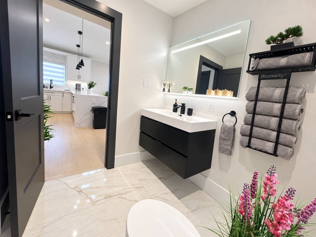 Un baño moderno con inodoro blanco, tocador negro, espejo grande y un perchero para toallas.